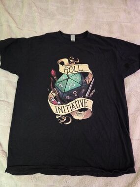 Black Graphic 'Roll Initiative' Tee with Teal Dice